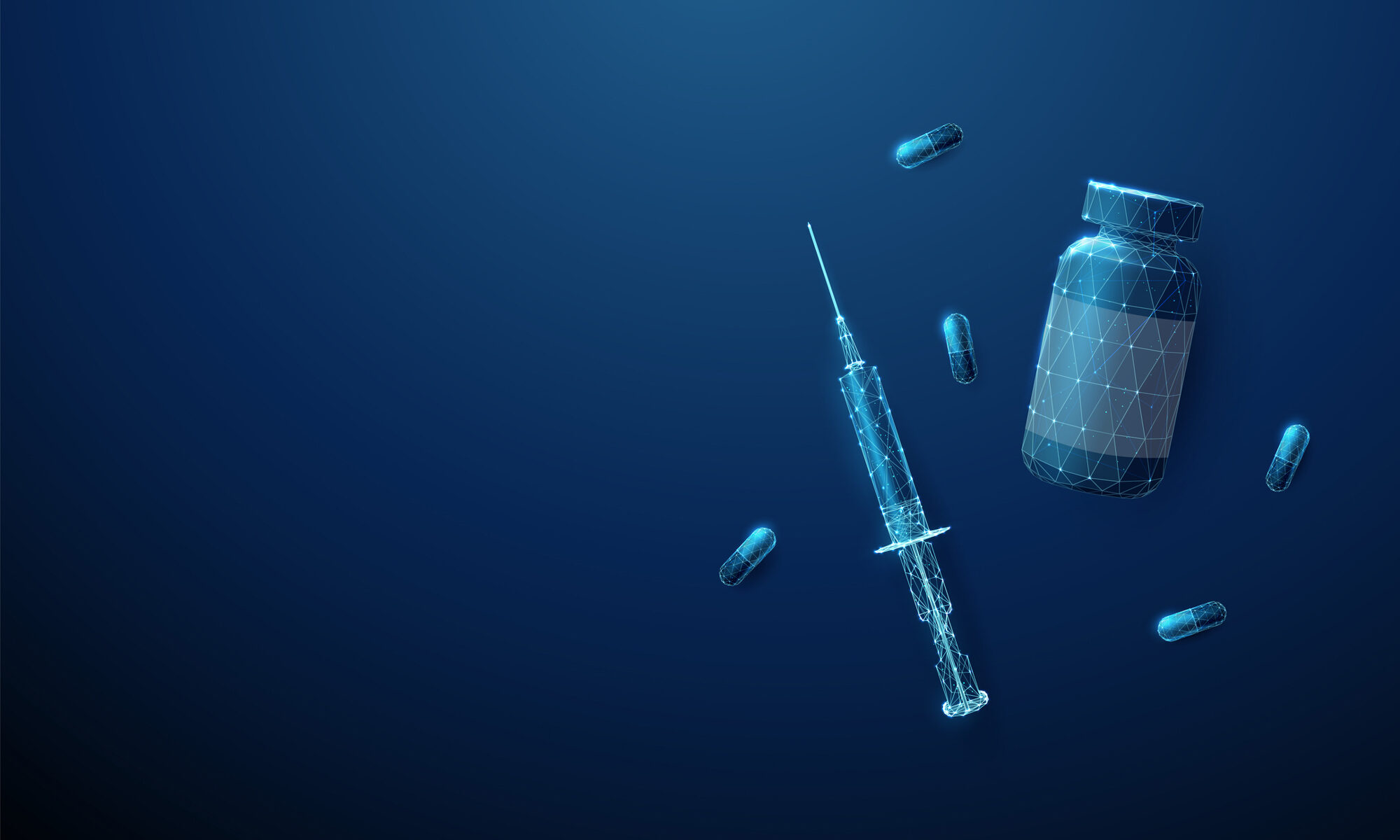Syringe bottle and medical pills. Medical treatment and pharmacy concept. Low poly style. Abstract geometric