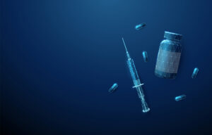 Syringe bottle and medical pills. Medical treatment and pharmacy concept. Low poly style. Abstract geometric