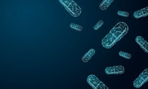 Futuristic wireframe digital illustration of capsules floating in space.