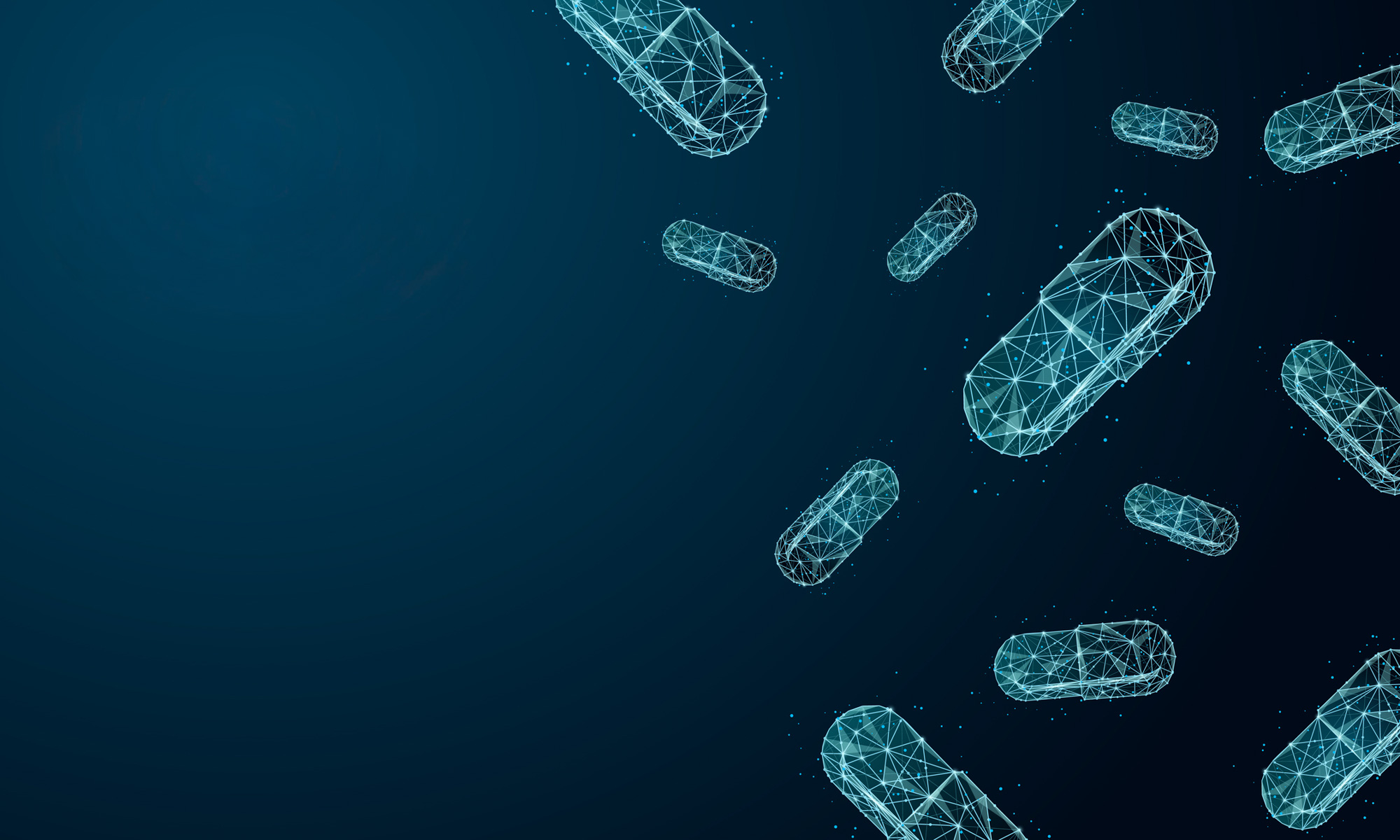 Futuristic wireframe digital illustration of capsules floating in space.