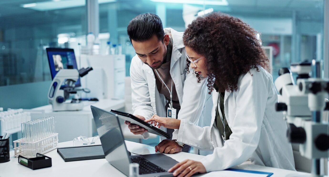 Science, teamwork and scientist with tablet in laboratory