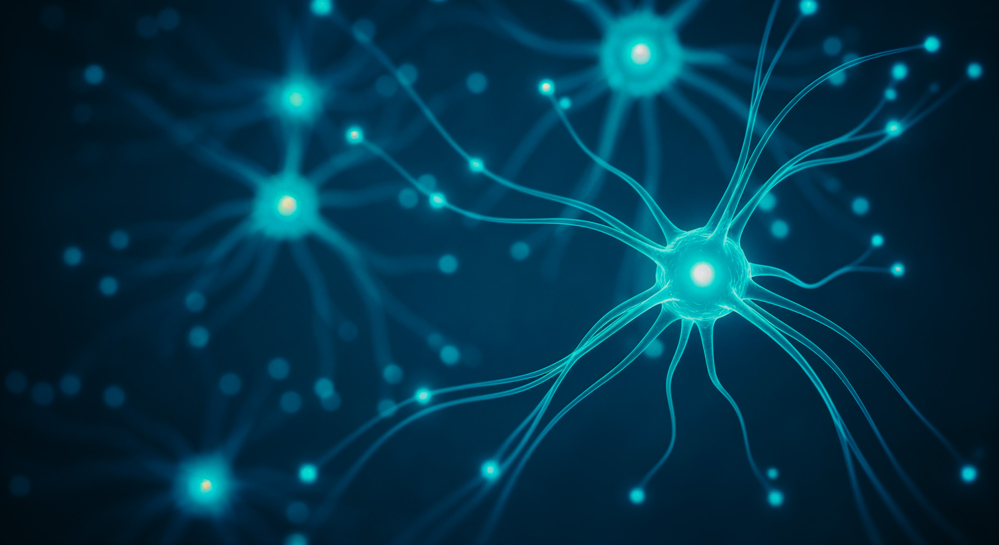 A stylized 3D illustration of glowing blue neurons firing against a dark background